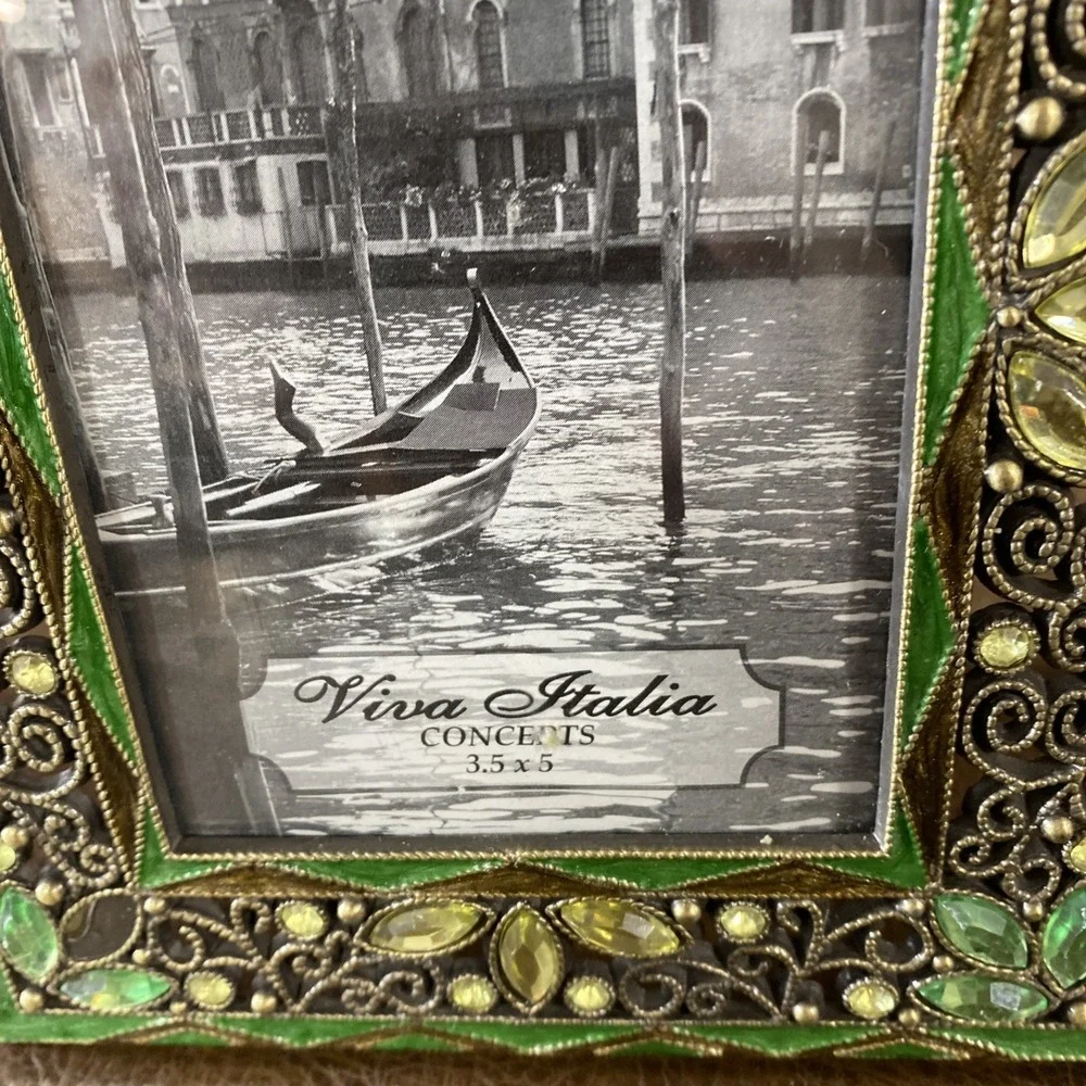 Viva Italia 3.5x5 Picture Frame Green Enamel Bejeweled Venetian‎ Style Vintage